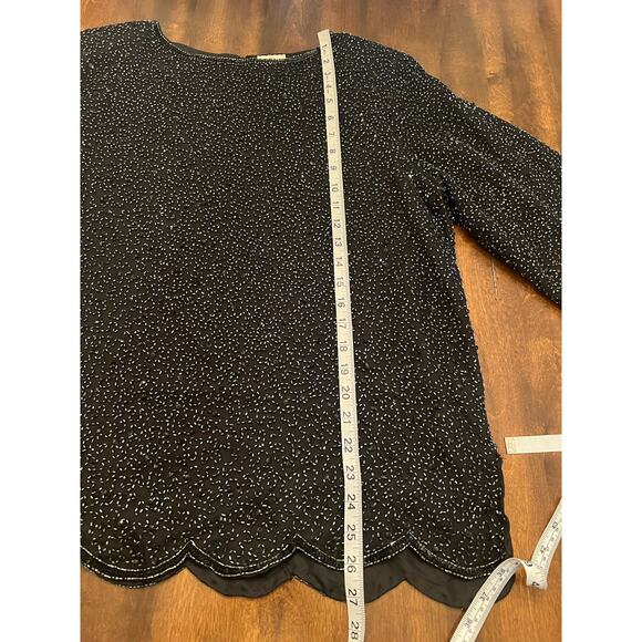 Women’s Formal Evening 100% Silk Black Beaded Short Sleeve Blouse Size Large - Picture 9 of 9